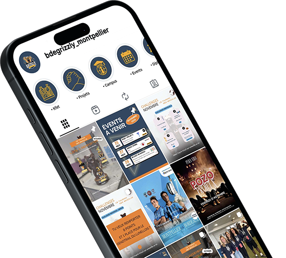 Focus sur un téléphone, le contenu est tiré du compte instagram du BDE Grizzle, le bureau des étudiants de l'école